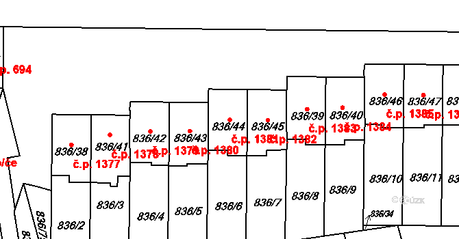Slavkov u Brna 1381 na parcele st. 836/44 v KÚ Slavkov u Brna, Katastrální mapa