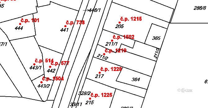 Švermov 1219, Kladno na parcele st. 211/2 v KÚ Hnidousy, Katastrální mapa