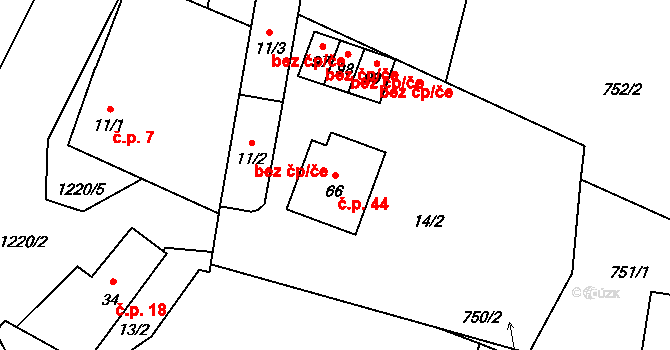 Račerovice 44, Třebíč na parcele st. 66 v KÚ Račerovice, Katastrální mapa
