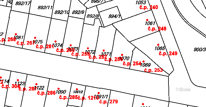 Horka-Domky 256, Třebíč na parcele st. 1071 v KÚ Třebíč, Katastrální mapa