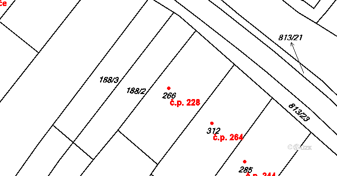 Sady 228, Uherské Hradiště na parcele st. 266 v KÚ Sady, Katastrální mapa