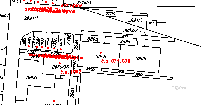 Komín 870,871, Brno na parcele st. 3905 v KÚ Komín, Katastrální mapa