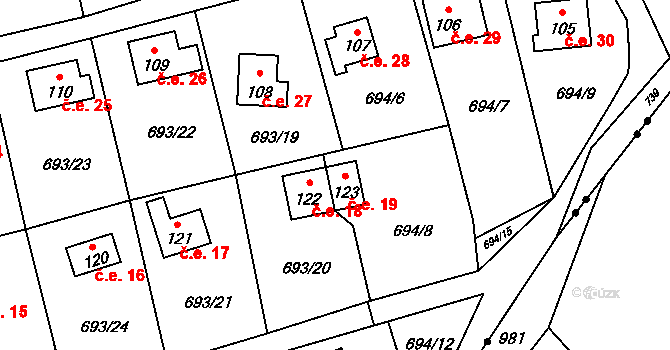 Třeskonice 19, Tuchořice na parcele st. 123 v KÚ Třeskonice, Katastrální mapa