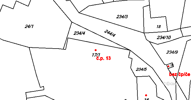 Slavětice 13, Všemyslice na parcele st. 17/1 v KÚ Slavětice u Všemyslic, Katastrální mapa