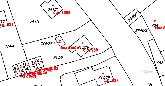 Pelhřimov 938 na parcele st. 744/18 v KÚ Pelhřimov, Katastrální mapa
