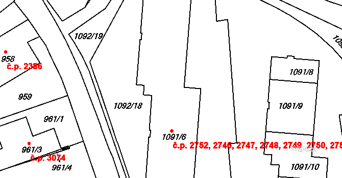 Smíchov 2750, Praha na parcele st. 1091/6 v KÚ Smíchov, Katastrální mapa