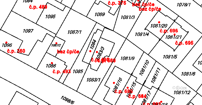 Ďáblice 569, Praha 4 na parcele st. 1083/3 v KÚ Ďáblice, Katastrální mapa