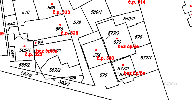 Mikulčice 320 na parcele st. 574 v KÚ Mikulčice, Katastrální mapa