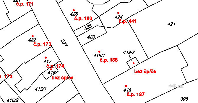 Hodkovice nad Mohelkou 188 na parcele st. 419/1 v KÚ Hodkovice nad Mohelkou, Katastrální mapa