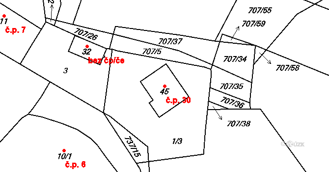 Radějovice 30, Přehýšov na parcele st. 45 v KÚ Radějovice u Přehýšova, Katastrální mapa