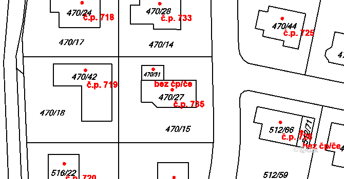 Srubec 735 na parcele st. 470/27 v KÚ Srubec, Katastrální mapa