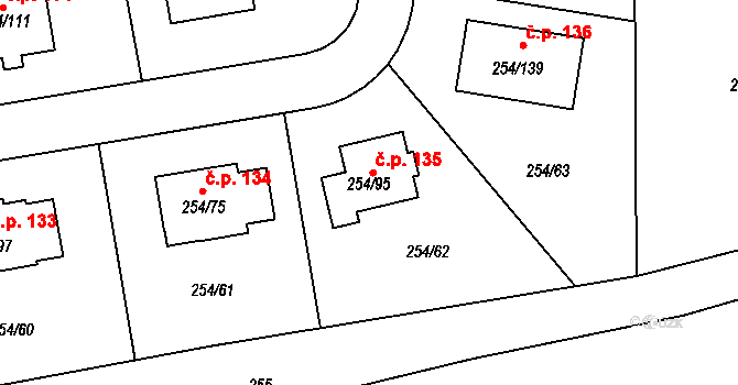 Honice 135, Stochov na parcele st. 254/95 v KÚ Honice, Katastrální mapa