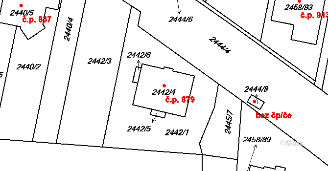 Klobouky u Brna 879 na parcele st. 2442/4 v KÚ Klobouky u Brna, Katastrální mapa