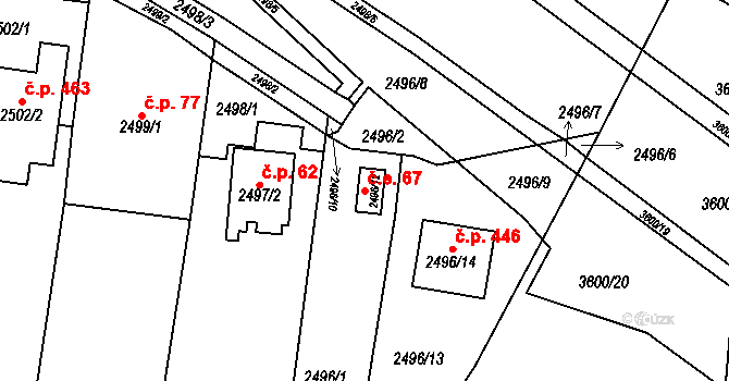 Nosálovice 67, Vyškov na parcele st. 2496/12 v KÚ Vyškov, Katastrální mapa