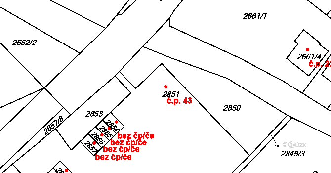Poruba 43, Ostrava na parcele st. 2851 v KÚ Poruba, Katastrální mapa