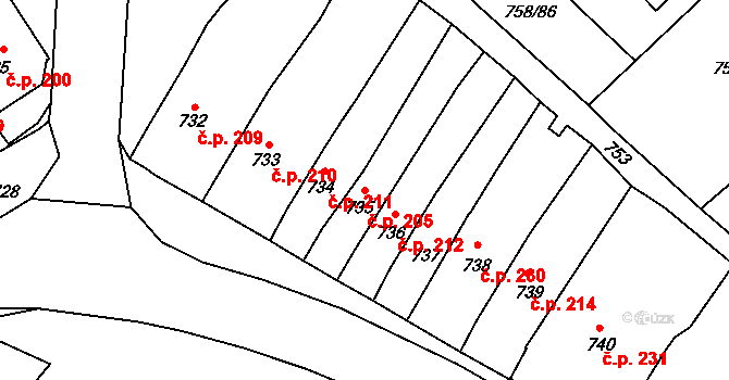 Měřín 205 na parcele st. 735 v KÚ Měřín, Katastrální mapa