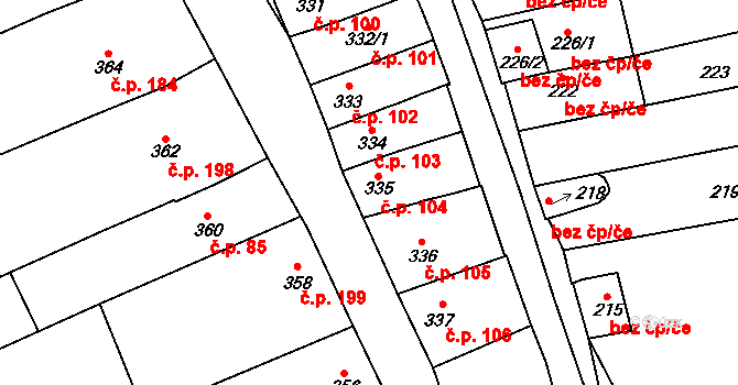 Velešovice 104 na parcele st. 335 v KÚ Velešovice, Katastrální mapa