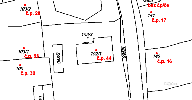 Blížejov 44 na parcele st. 102/1 v KÚ Blížejov, Katastrální mapa