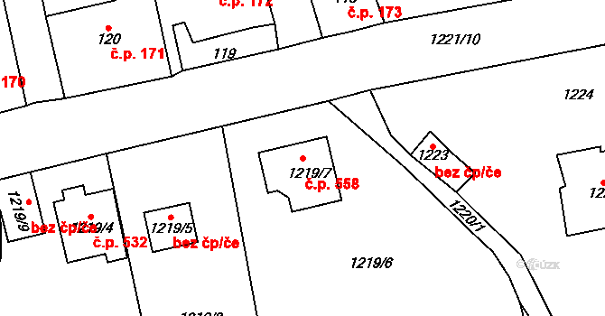 Všenory 558 na parcele st. 1219/7 v KÚ Všenory, Katastrální mapa