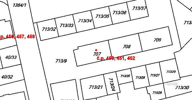 Vejprnice 450,451,452 na parcele st. 707 v KÚ Vejprnice, Katastrální mapa