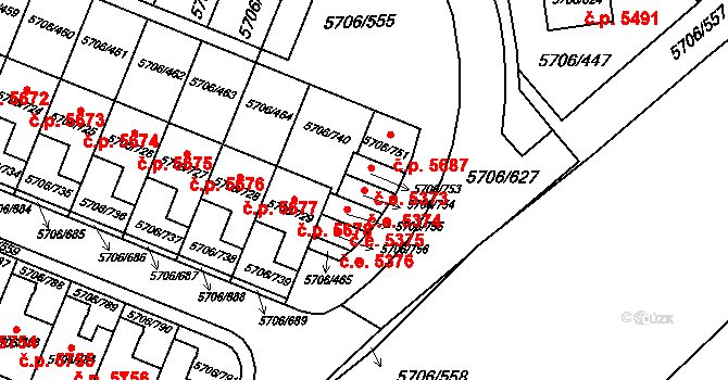 Jihlava 5374 na parcele st. 5706/754 v KÚ Jihlava, Katastrální mapa