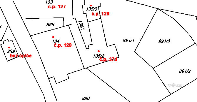 Lhenice 374 na parcele st. 135/2 v KÚ Lhenice, Katastrální mapa
