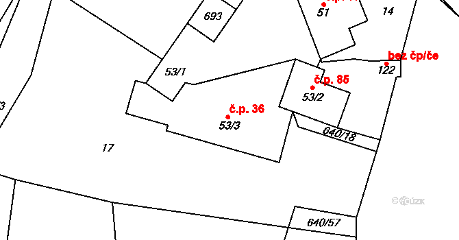 Střížov 36, Chotěboř na parcele st. 53/3 v KÚ Střížov u Chotěboře, Katastrální mapa