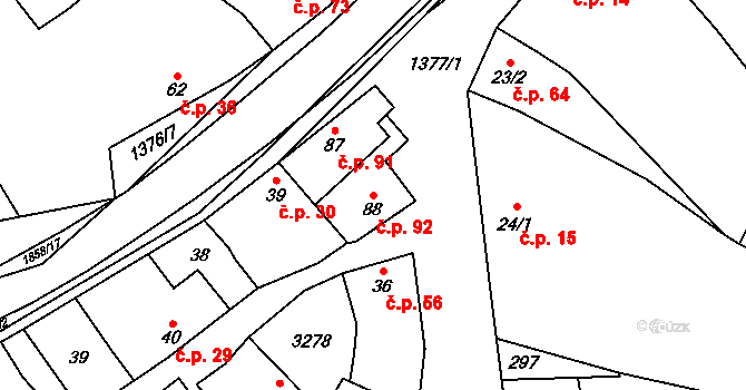 Jestřabice 92, Koryčany na parcele st. 88 v KÚ Jestřabice, Katastrální mapa