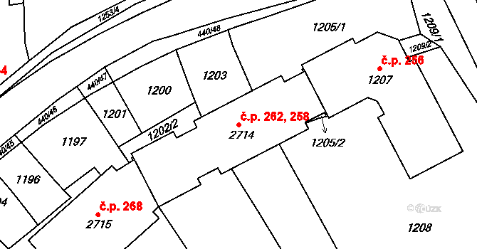 Koryčany 258,262 na parcele st. 2714 v KÚ Koryčany, Katastrální mapa