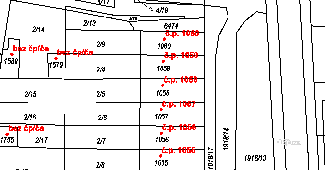 Hrušovany nad Jevišovkou 1058 na parcele st. 1058 v KÚ Hrušovany nad Jevišovkou, Katastrální mapa