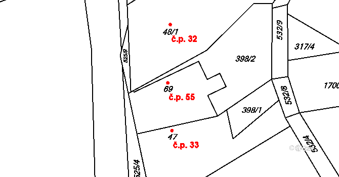 Hasina 55, Rožďalovice na parcele st. 69 v KÚ Hasina, Katastrální mapa