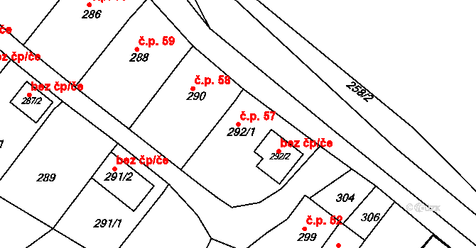 Popůvky 57 na parcele st. 292/1 v KÚ Popůvky u Brna, Katastrální mapa