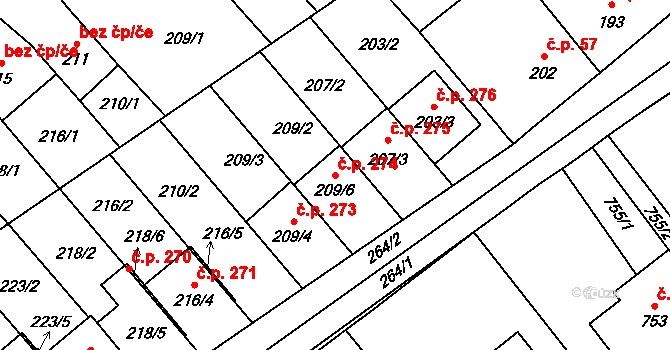 Lidéřovice 274, Vnorovy na parcele st. 209/6 v KÚ Lidéřovice na Moravě, Katastrální mapa