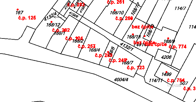 Dědice 259, Vyškov na parcele st. 168/4 v KÚ Dědice u Vyškova, Katastrální mapa