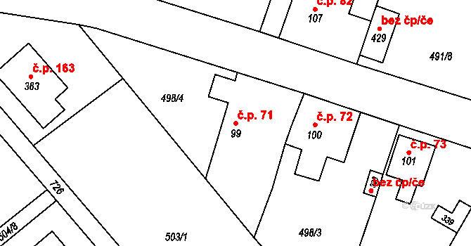 Černožice 71 na parcele st. 99 v KÚ Černožice nad Labem, Katastrální mapa