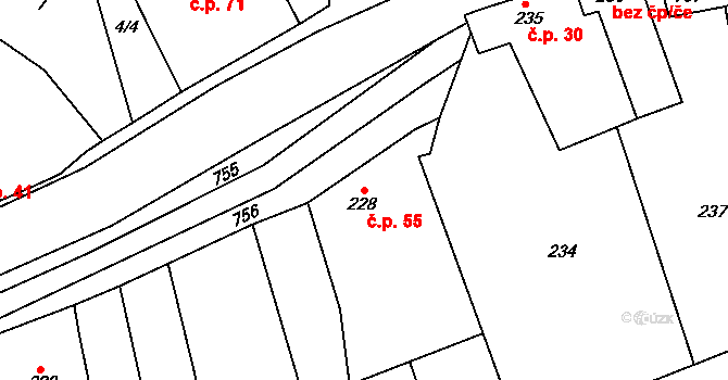 Olbramice 55 na parcele st. 228 v KÚ Olbramice u Vilémova, Katastrální mapa