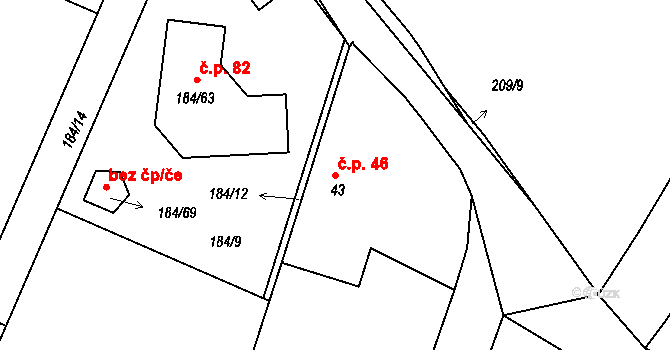 Konětopy 46, Milín na parcele st. 43 v KÚ Konětopy u Příbramě, Katastrální mapa