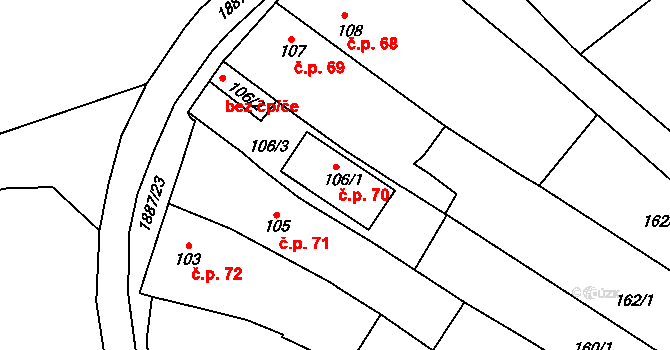 Chvalšiny 70 na parcele st. 106/1 v KÚ Chvalšiny, Katastrální mapa