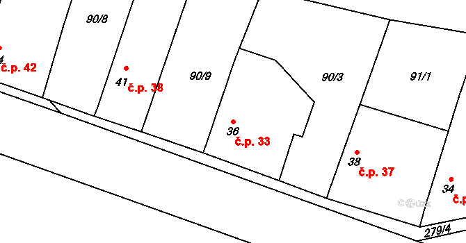 Oleško 33 na parcele st. 36 v KÚ Oleško u Rohatců, Katastrální mapa