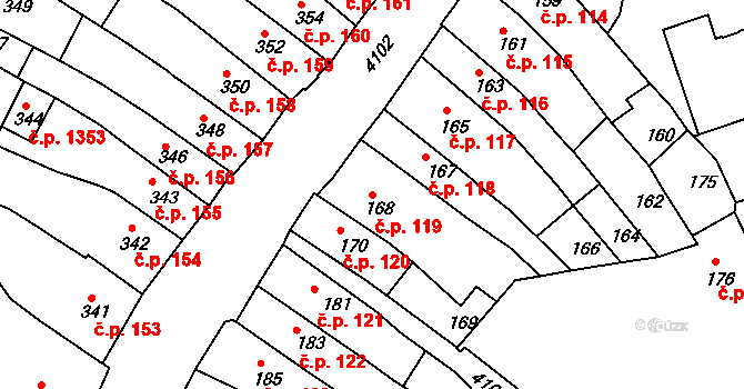 Roudnice nad Labem 119 na parcele st. 168 v KÚ Roudnice nad Labem, Katastrální mapa
