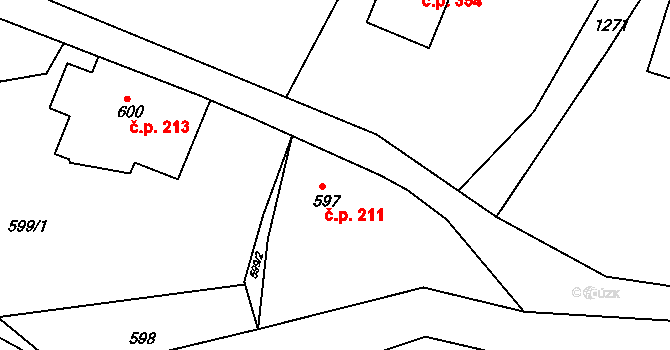 Košťálov 211 na parcele st. 597 v KÚ Košťálov, Katastrální mapa