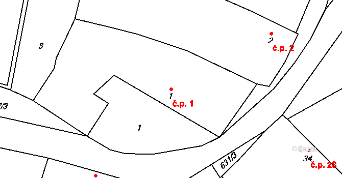 Střelskohoštická Lhota 1, Střelské Hoštice na parcele st. 1 v KÚ Střelskohoštická Lhota, Katastrální mapa