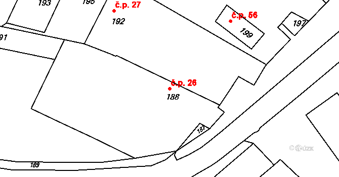 Lomy 26 na parcele st. 188 v KÚ Lomy u Jemnice, Katastrální mapa