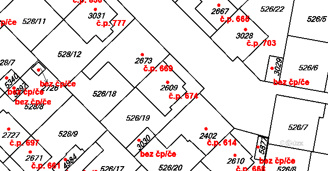 Borovina 674, Třebíč na parcele st. 2609 v KÚ Třebíč, Katastrální mapa