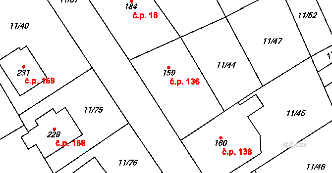 Benešov 136 na parcele st. 159 v KÚ Benešov u Boskovic, Katastrální mapa