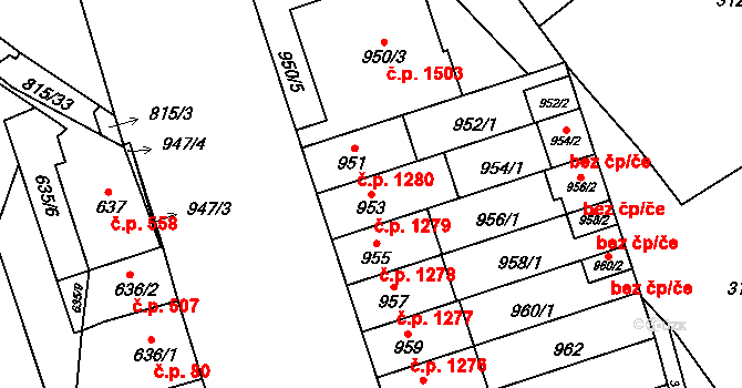 Řečkovice 1279, Brno na parcele st. 953 v KÚ Řečkovice, Katastrální mapa