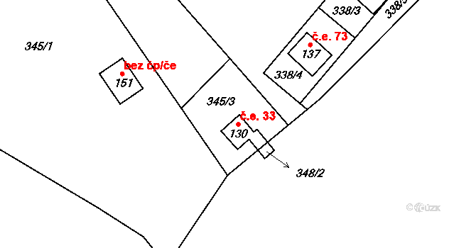 Svépravice 33 na parcele st. 130 v KÚ Svépravice, Katastrální mapa