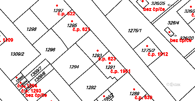 Pelhřimov 623 na parcele st. 1293 v KÚ Pelhřimov, Katastrální mapa