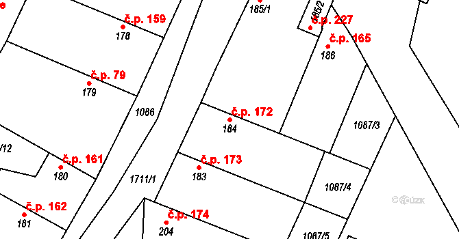Čečelice 172 na parcele st. 184 v KÚ Čečelice, Katastrální mapa