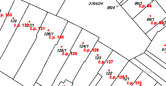 Střed 128, Rokycany na parcele st. 124/1 v KÚ Rokycany, Katastrální mapa